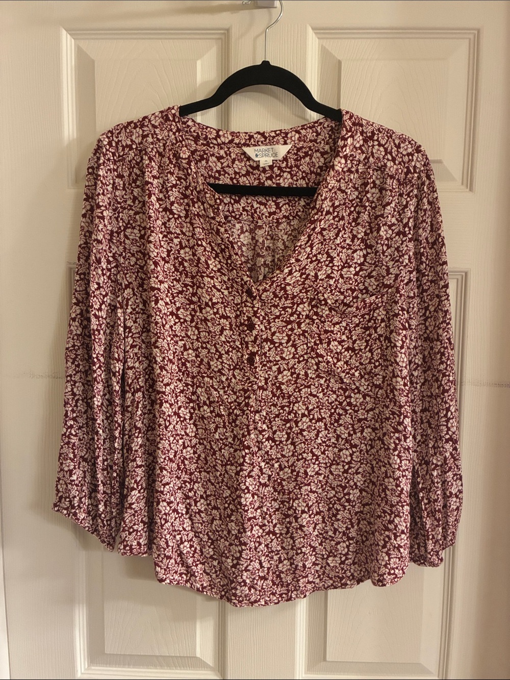 Market & Spruce Burgundy Floral V-Neck Blouse